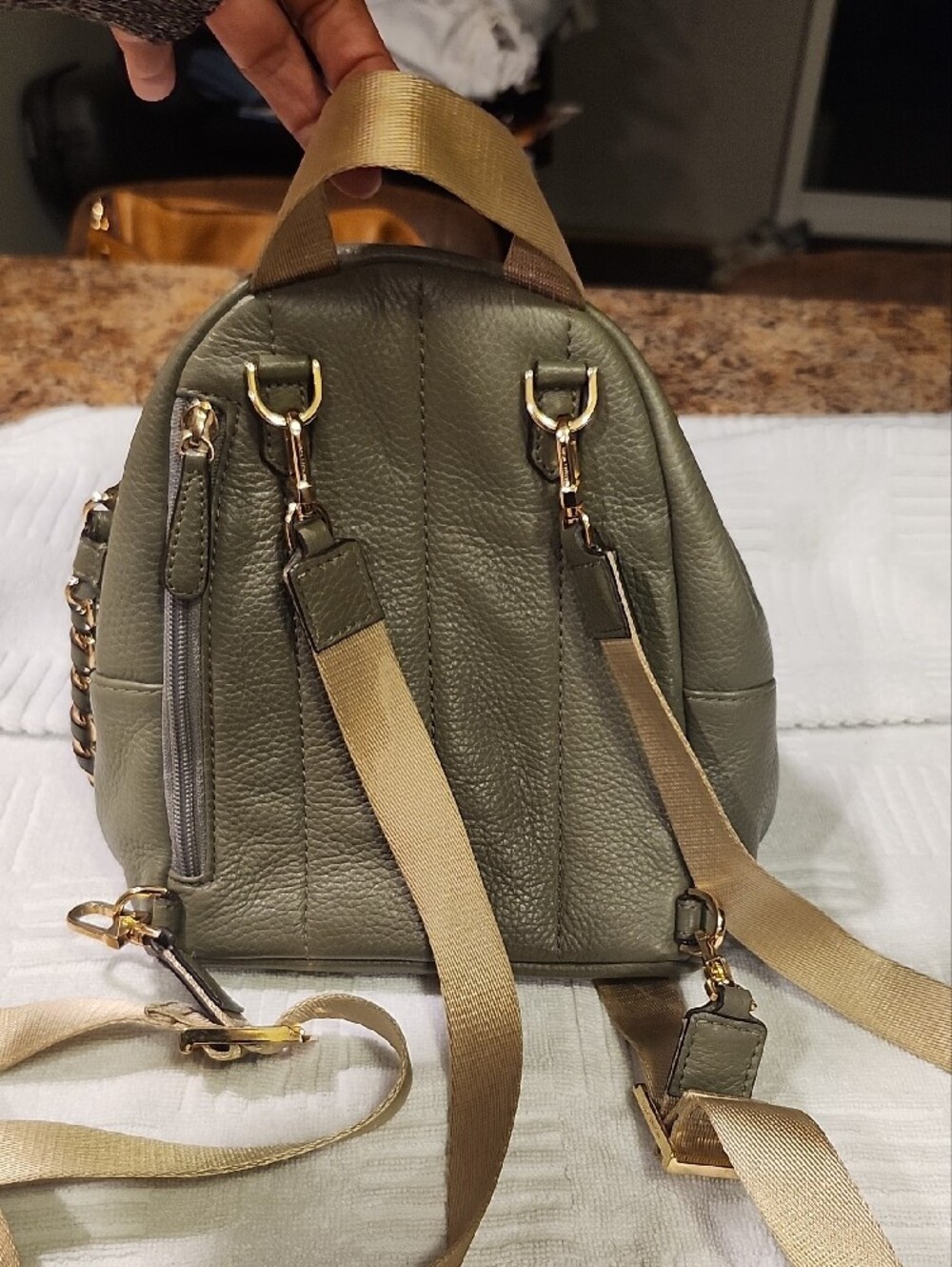 Michael Kors Olive Green Pebbled Leather Mini Backpack with Gold Chain - Picture 2 of 10